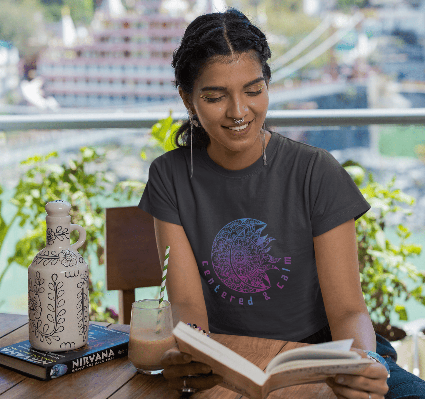 Centered & Calm Sun and Moon Mandala Yoga Crop Top Shirt for Women