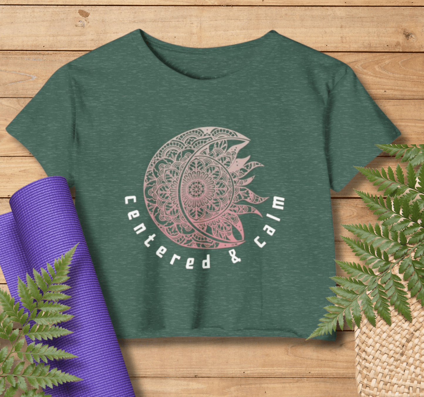 Centered & Calm Sun and Moon Mandala Yoga Crop Top Shirt for Women