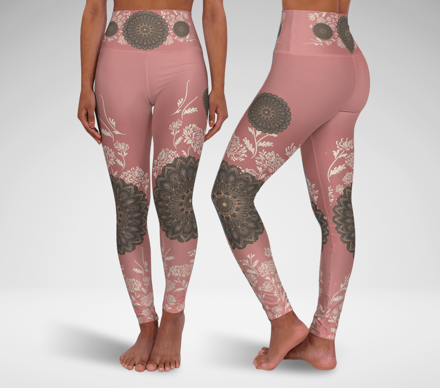 Floral Mandala Taupe Yoga Pants Leggings