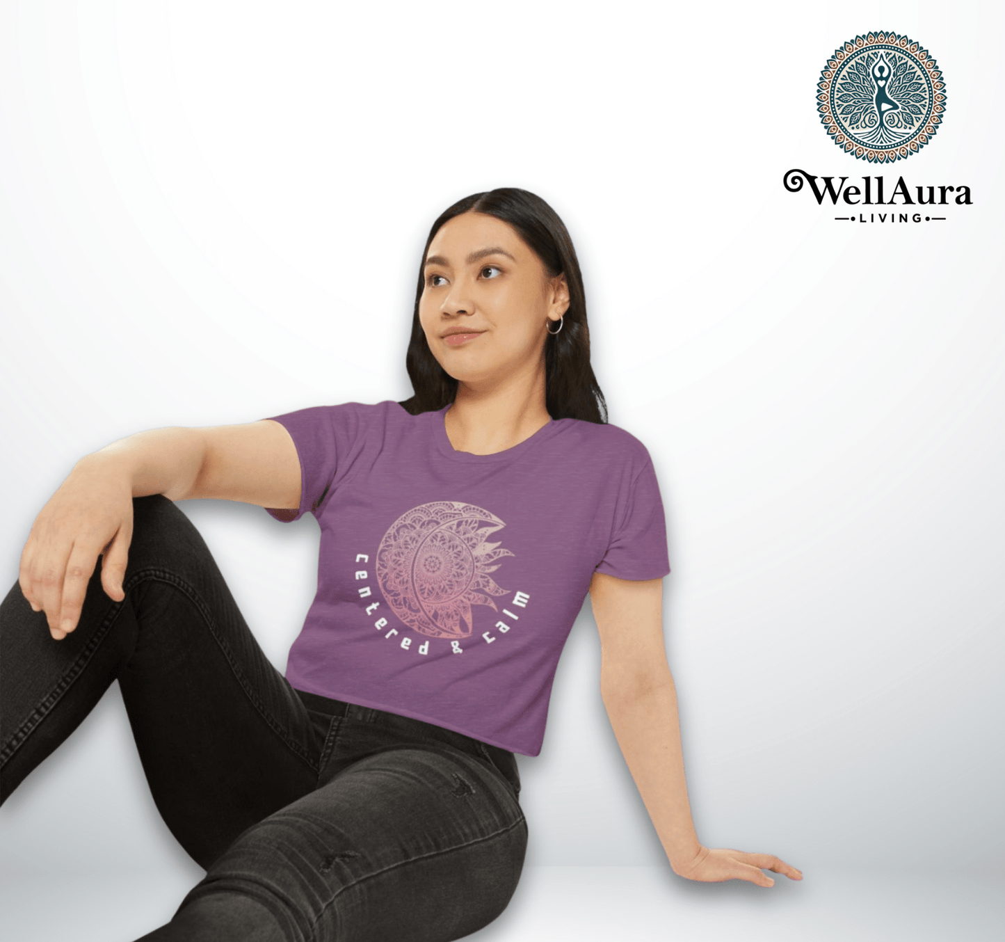 Centered & Calm Sun and Moon Mandala Yoga Crop Top Shirt for Women