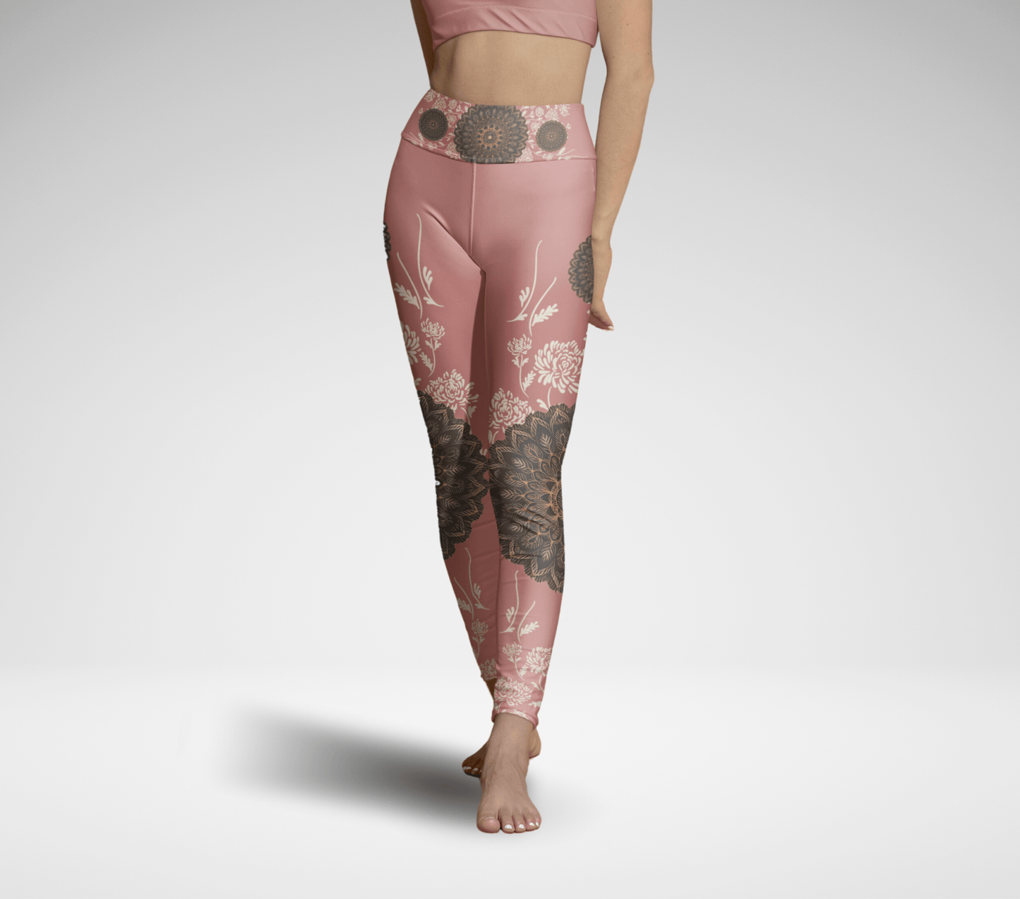 Floral Mandala Taupe Yoga Pants Leggings