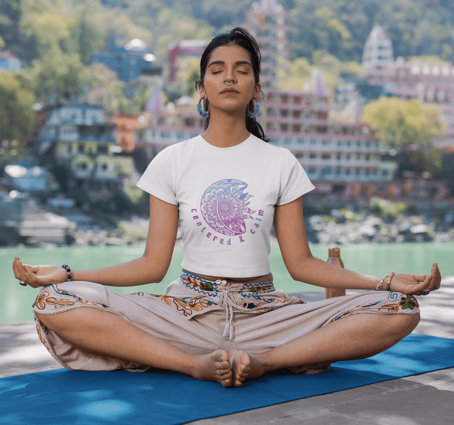 Centered & Calm Sun and Moon Mandala Yoga Crop Top Shirt for Women