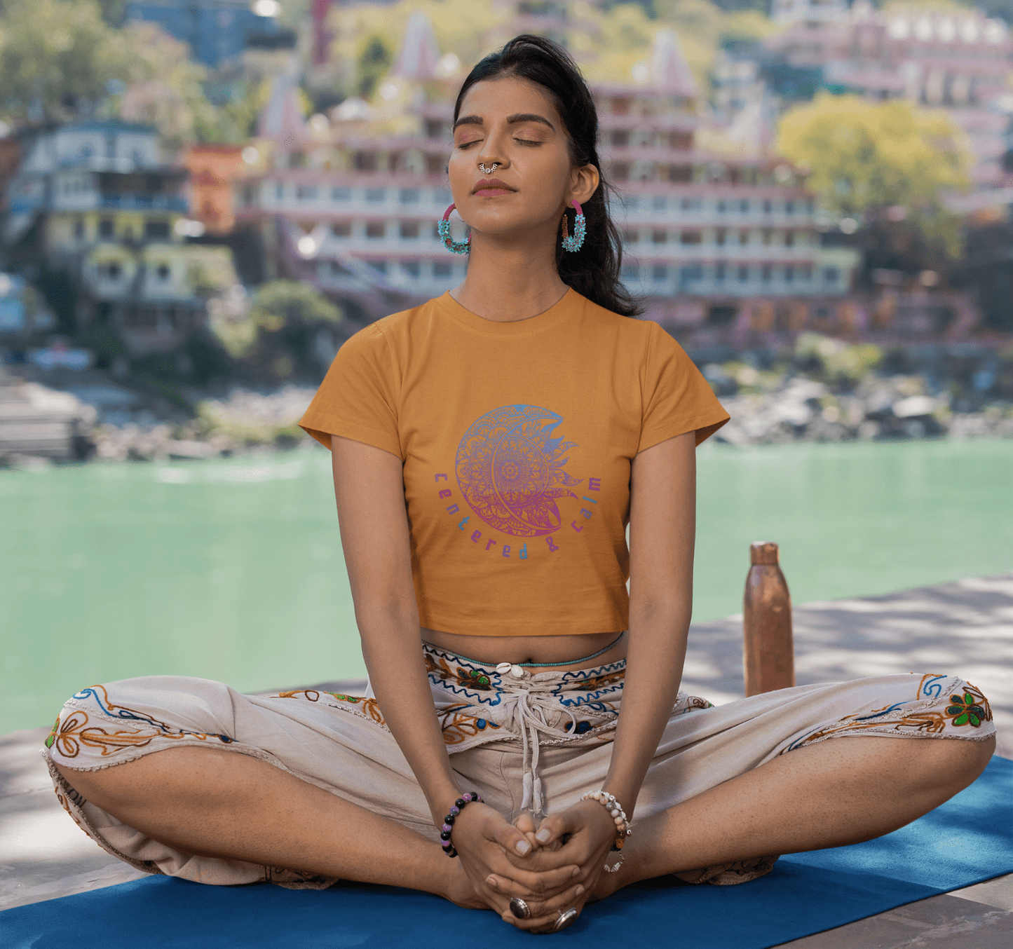 Centered & Calm Sun and Moon Mandala Yoga Crop Top Shirt for Women