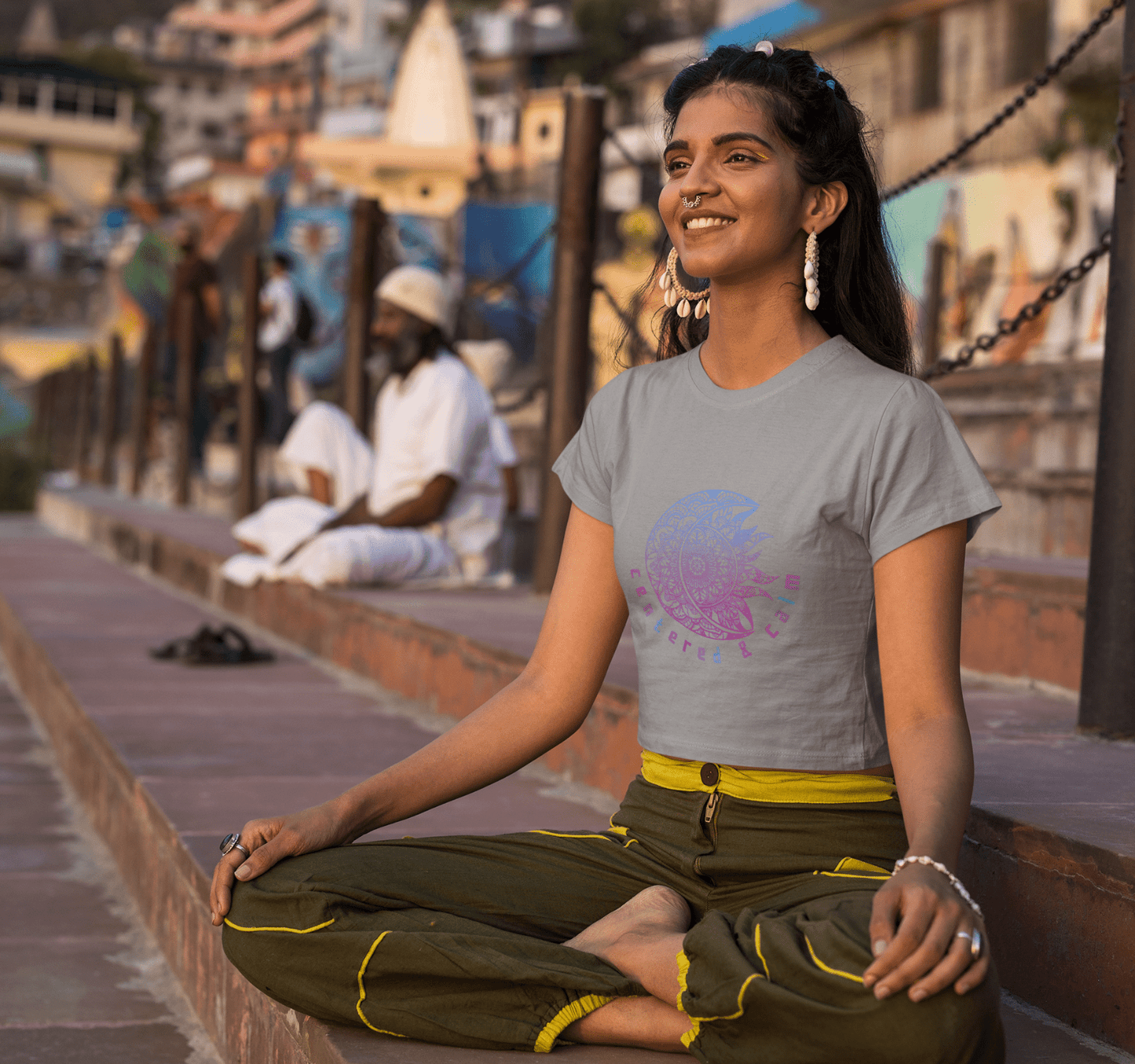 Centered & Calm Sun and Moon Mandala Yoga Crop Top Shirt for Women