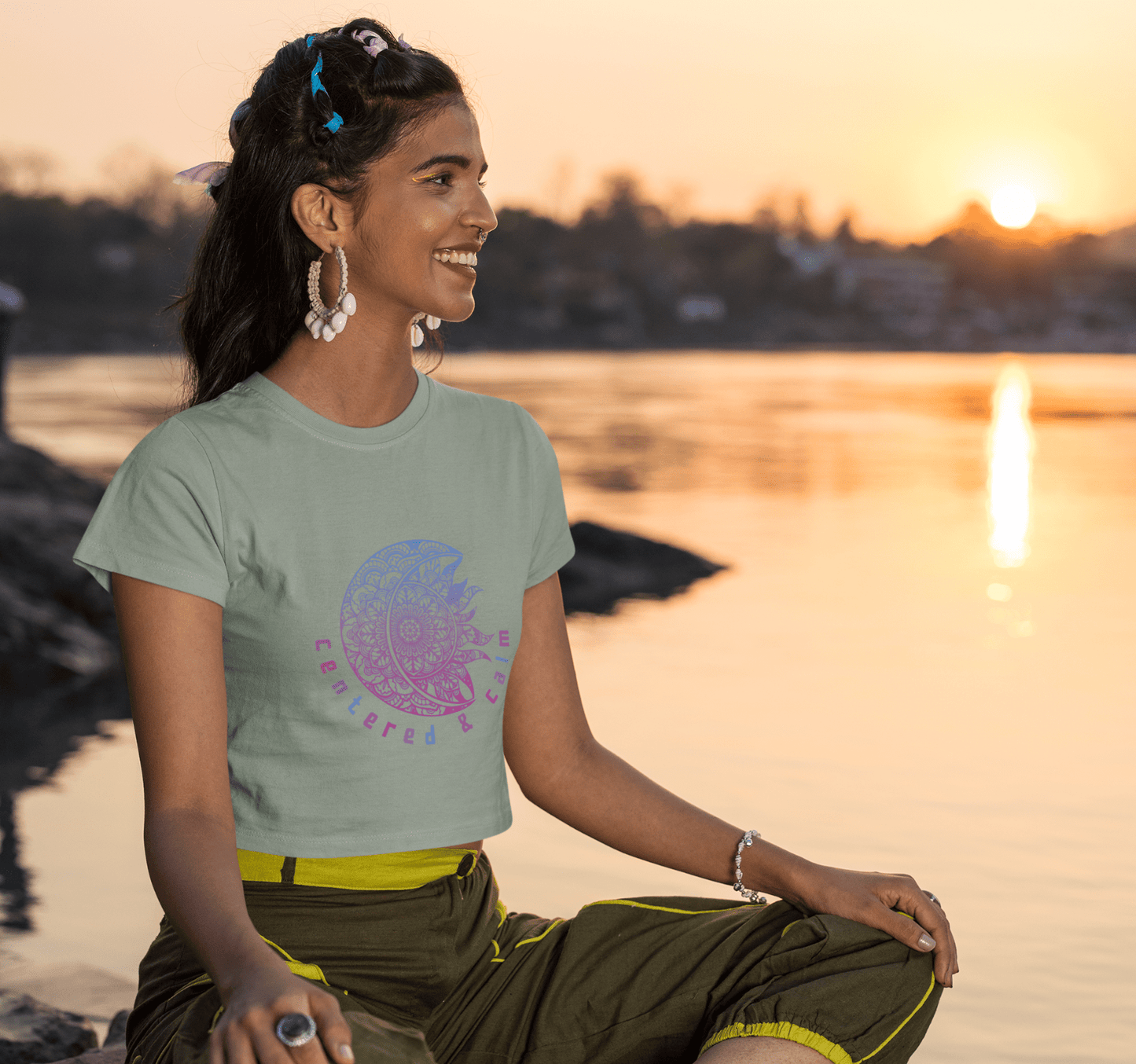 Centered & Calm Sun and Moon Mandala Yoga Crop Top Shirt for Women