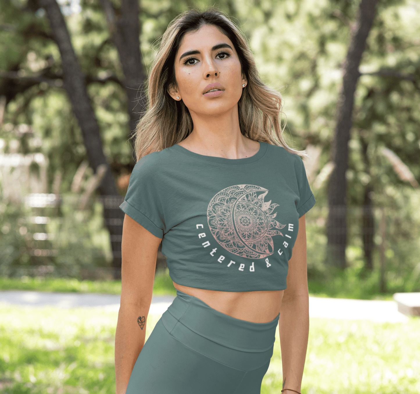 Centered & Calm Sun and Moon Mandala Yoga Crop Top Shirt for Women