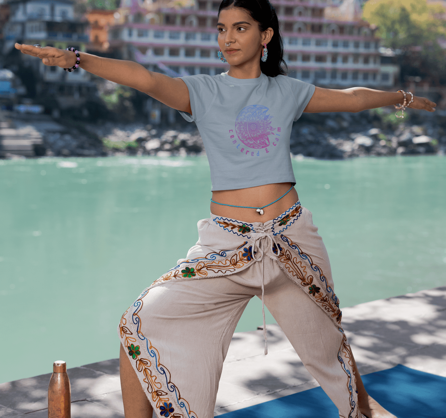 Centered & Calm Sun and Moon Mandala Yoga Crop Top Shirt for Women