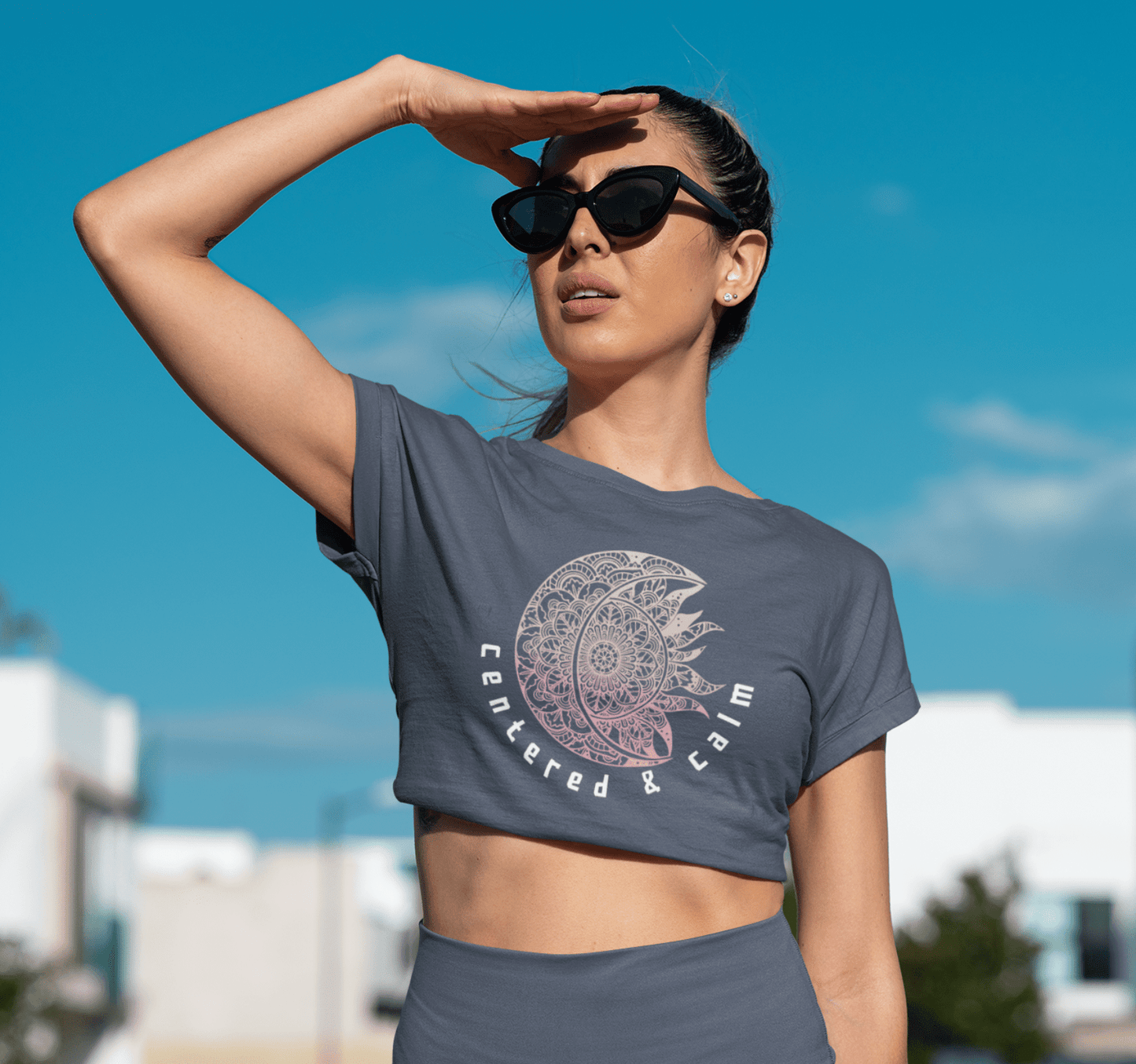 Centered & Calm Sun and Moon Mandala Yoga Crop Top Shirt for Women