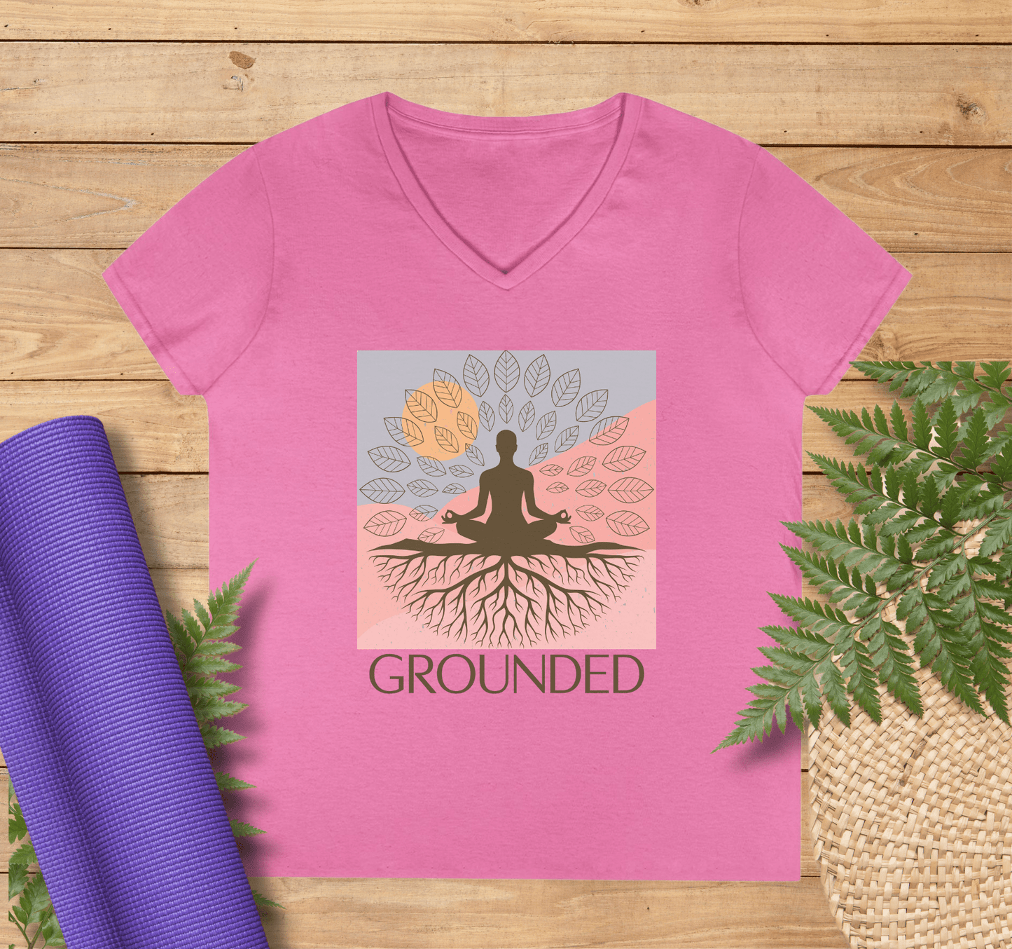 Grounded Leaf V-neck T-shirt Yoga Wellness for Women