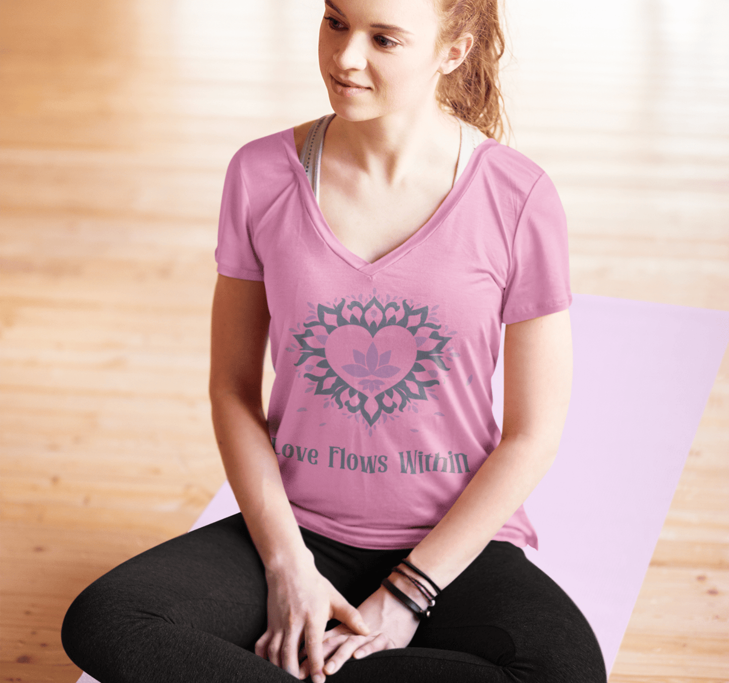 Love Flows Mandala Heart V-neck T-Shirt Yoga Wellness for Women
