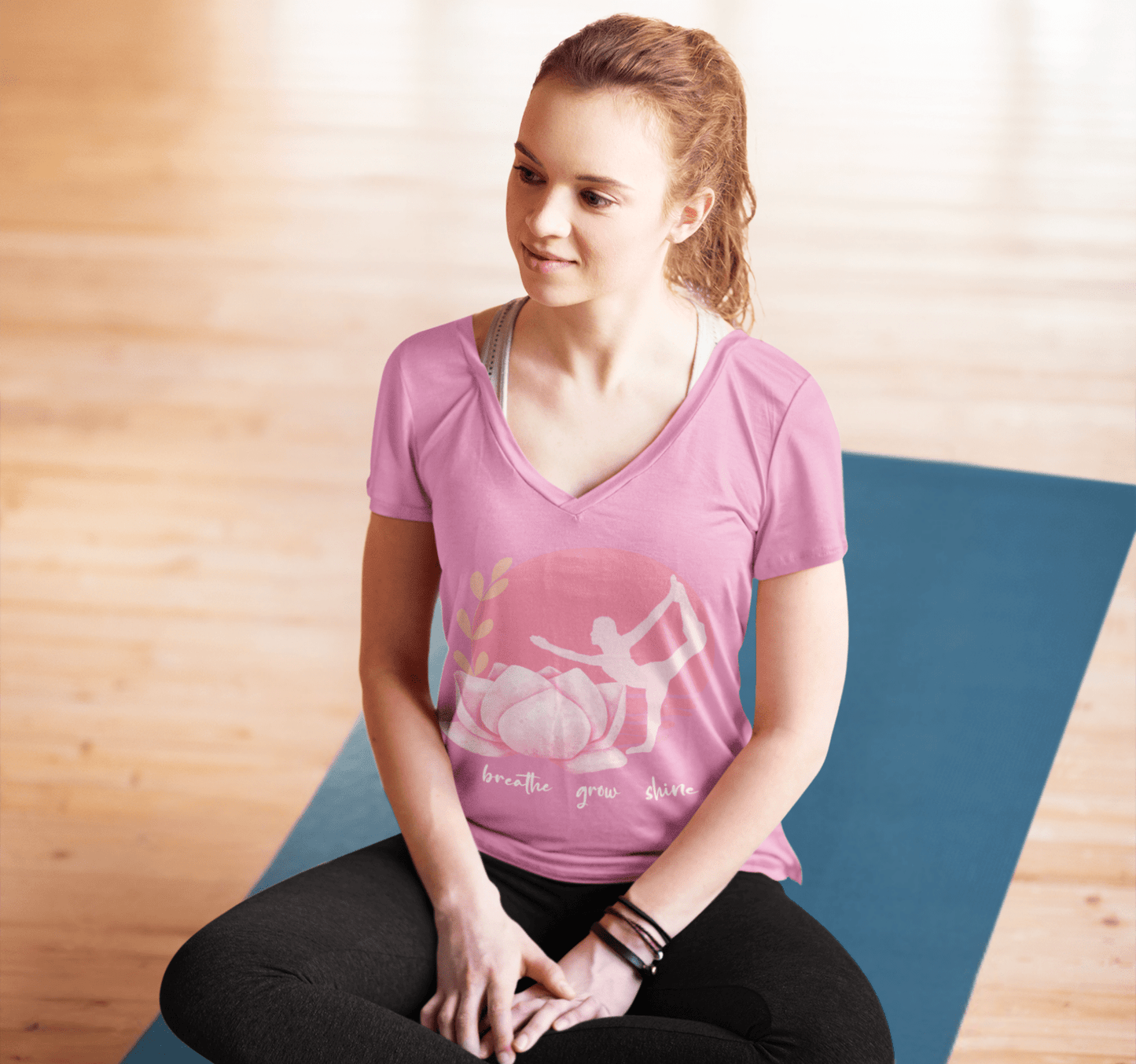 Breathe Grow Shine Moon Floral V-neck T-shirt Yoga Wellness for Women