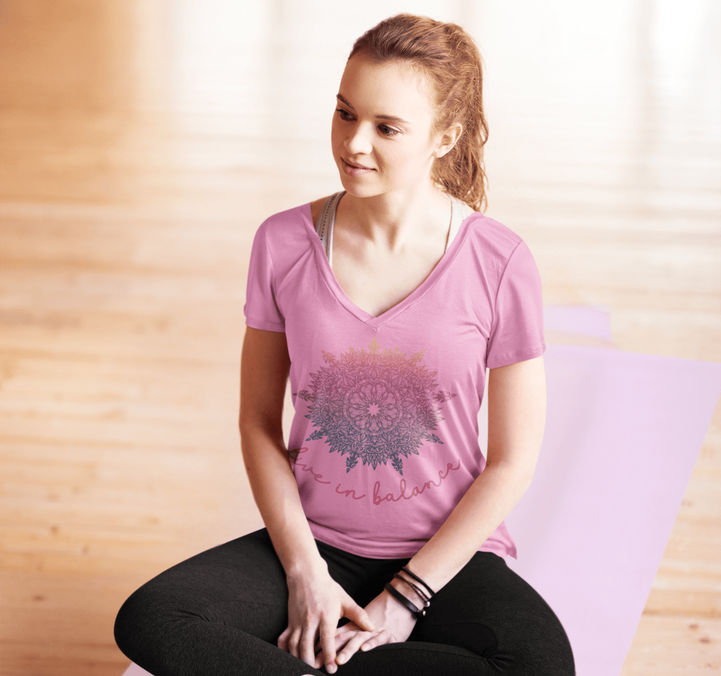 Live in Balance Mandala V-neck T-Shirt Yoga Wellness for Women