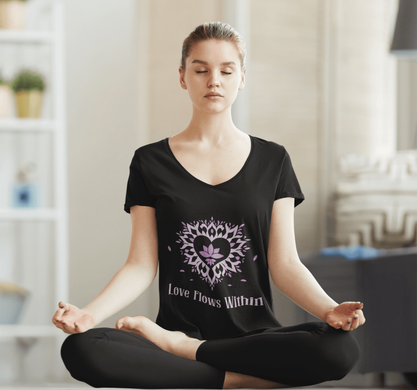 Love Flows Mandala Heart V-neck T-Shirt Yoga Wellness for Women