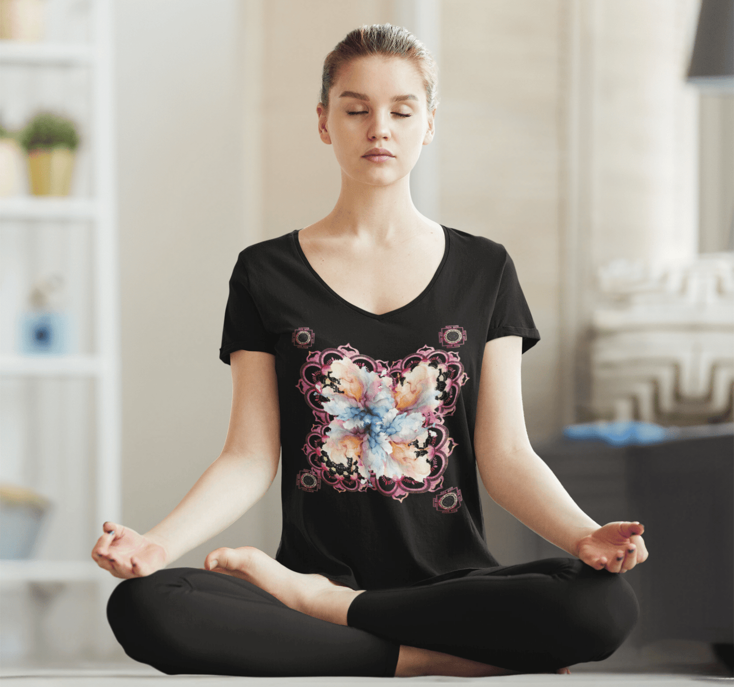 Dancing in Balance Floral V-neck T-Shirt Yoga Wellness for Women