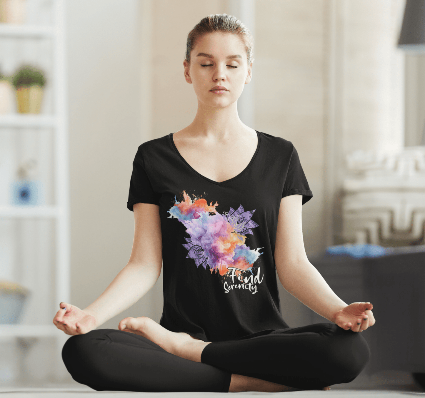 Find Serenity Mandala Floral V-neck T-shirt Yoga Wellness for Women