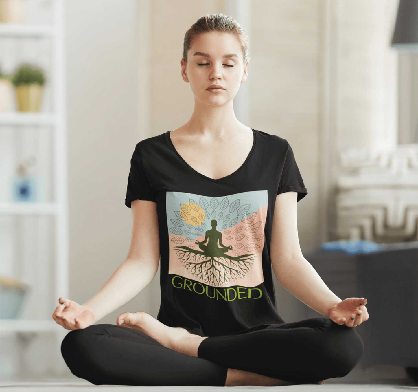 Grounded Leaf V-neck T-shirt Yoga Wellness for Women