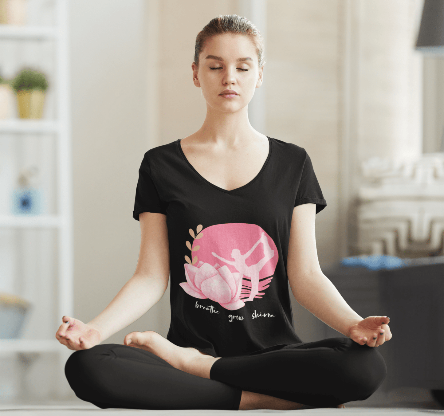 Breathe Grow Shine Moon Floral V-neck T-shirt Yoga Wellness for Women