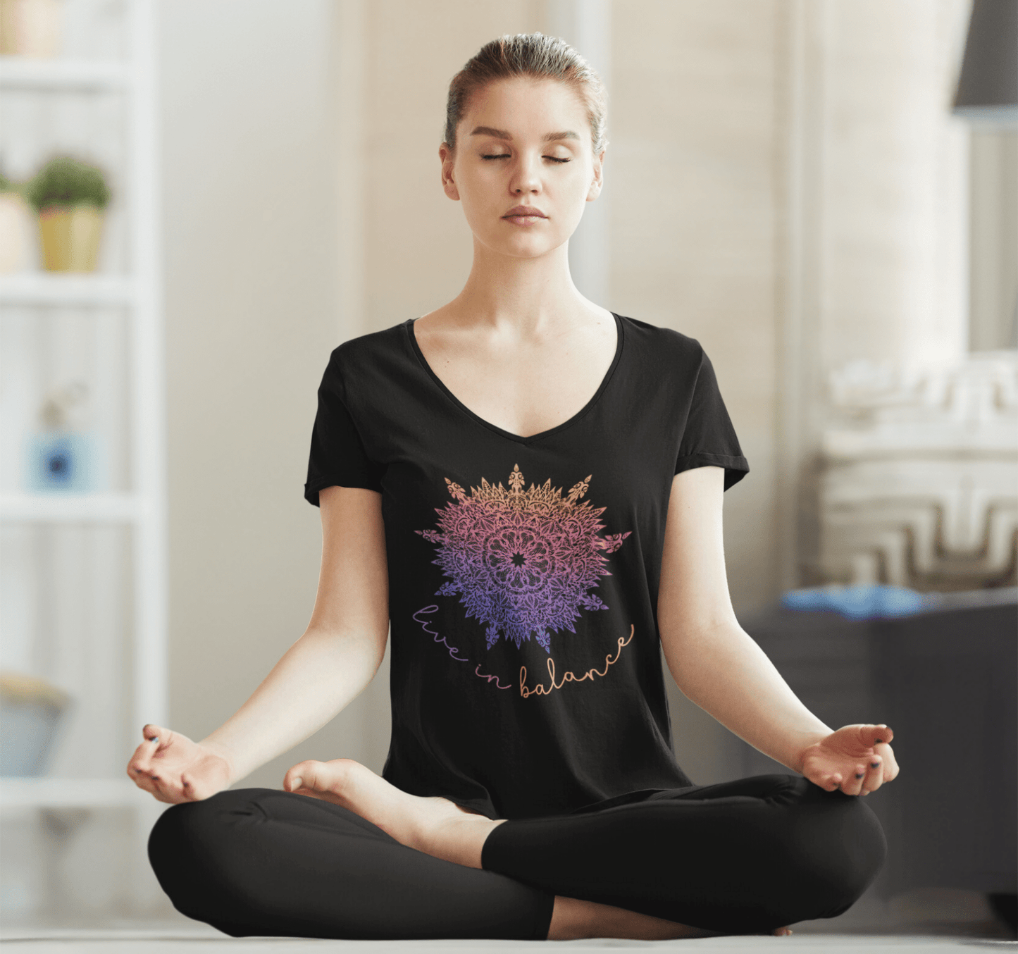 Live in Balance Mandala V-neck T-Shirt Yoga Wellness for Women