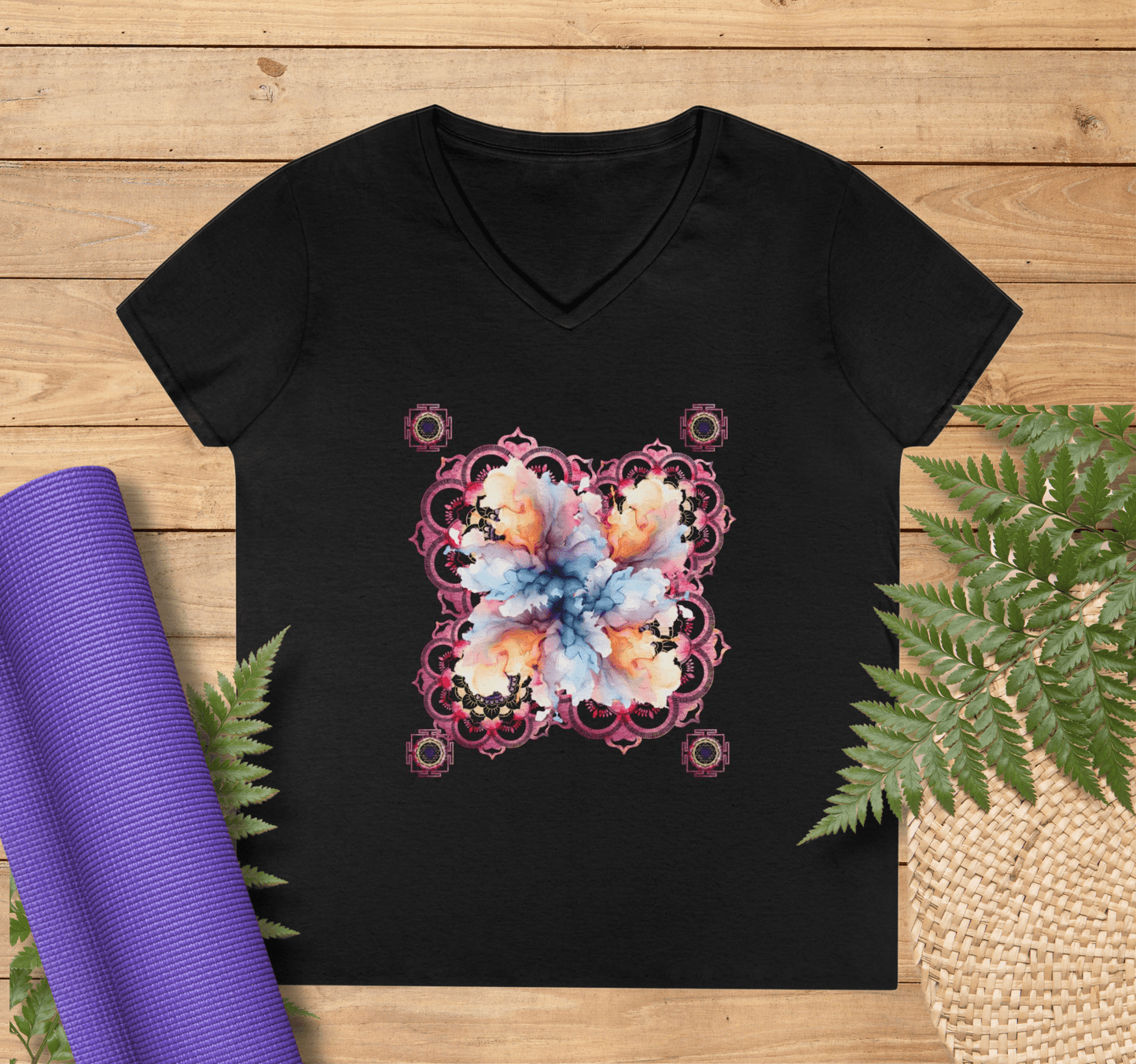 Dancing in Balance Floral V-neck T-Shirt Yoga Wellness for Women