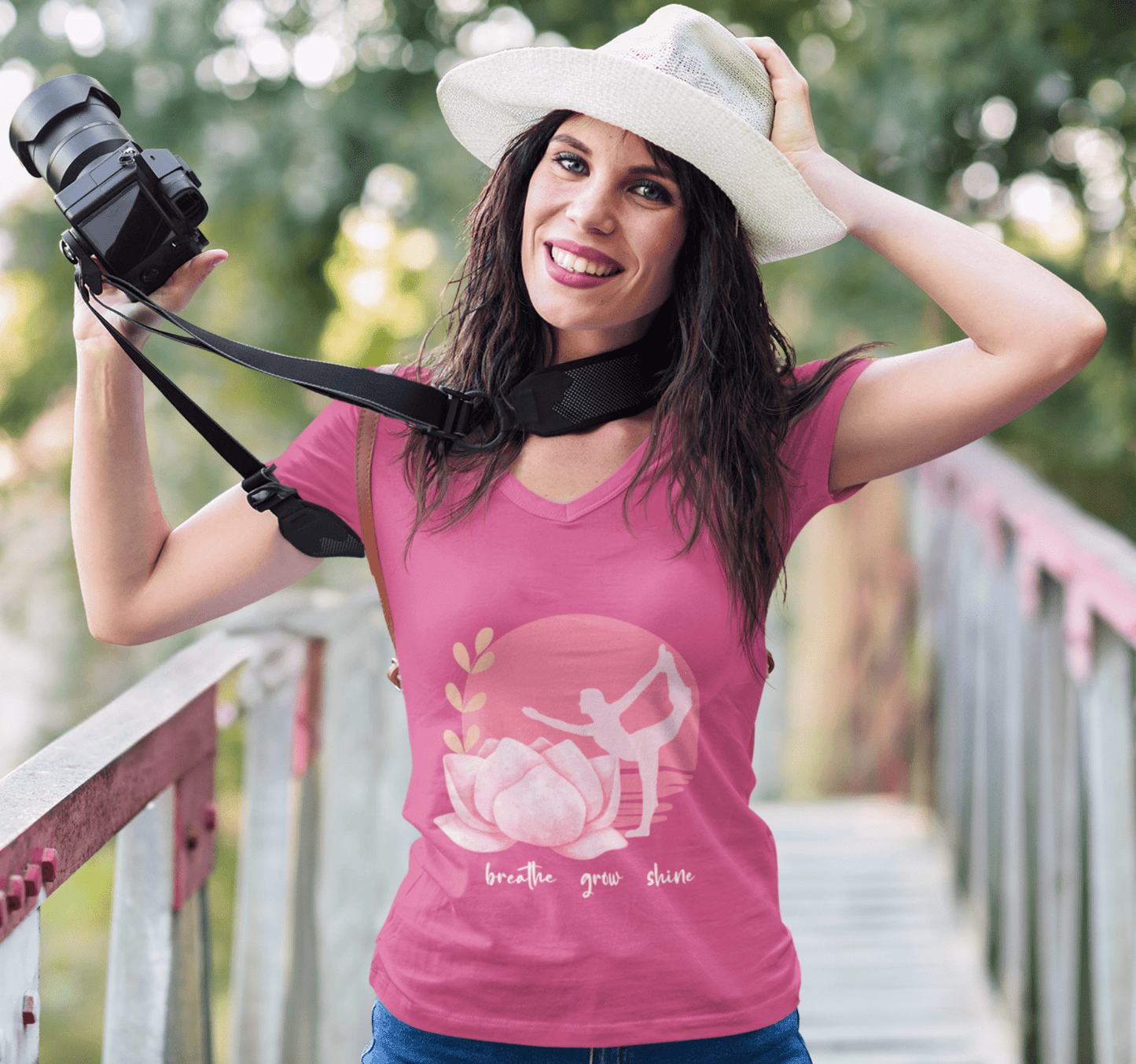 Breathe Grow Shine Moon Floral V-neck T-shirt Yoga Wellness for Women