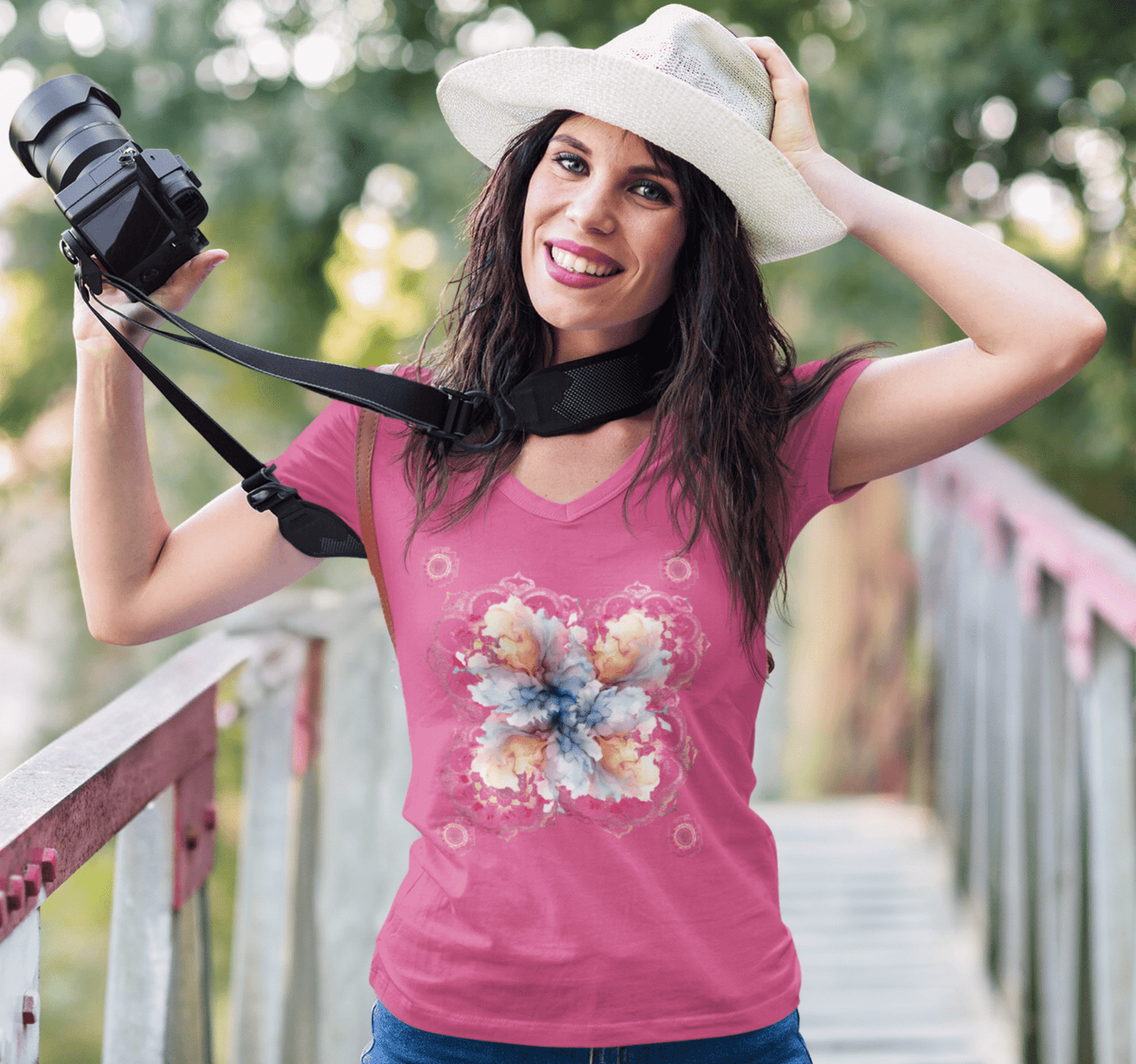 Dancing in Balance Floral V-neck T-Shirt Yoga Wellness for Women