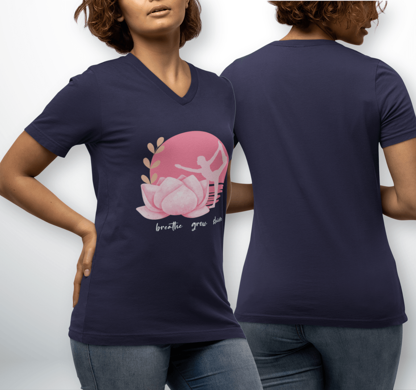 Breathe Grow Shine Moon Floral V-neck T-shirt Yoga Wellness for Women