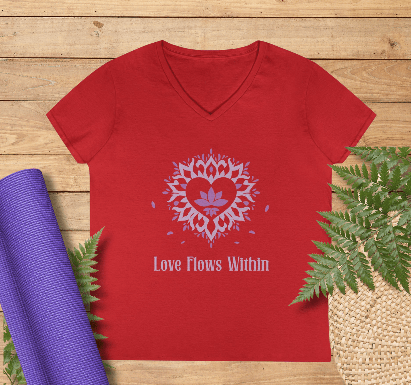 Love Flows Mandala Heart V-neck T-Shirt Yoga Wellness for Women