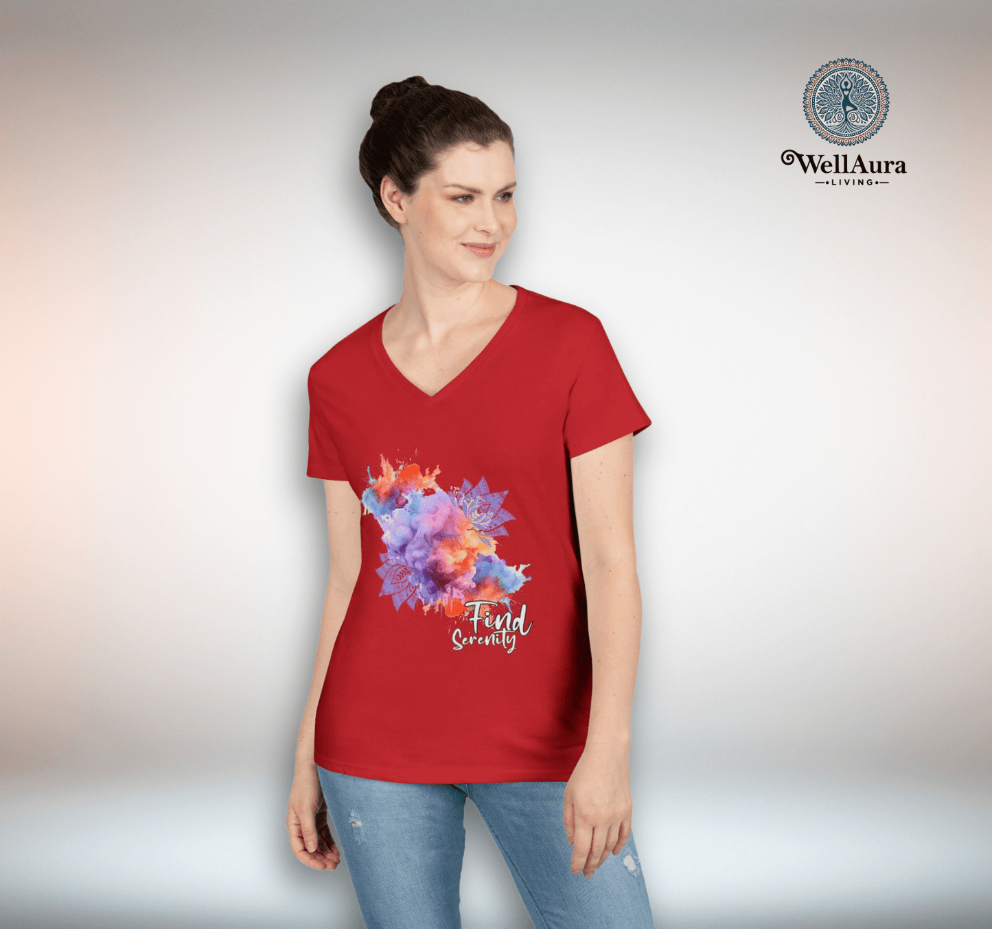 Find Serenity Mandala Floral V-neck T-shirt Yoga Wellness for Women