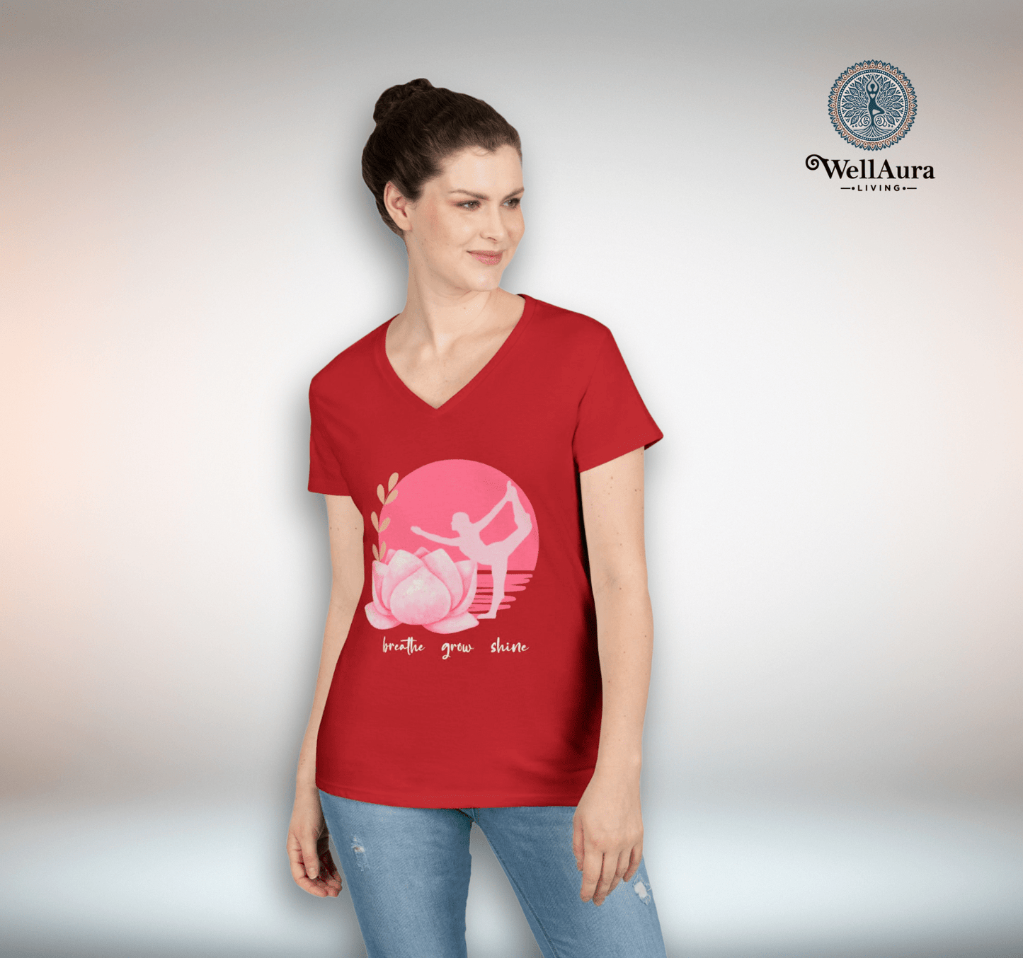 Breathe Grow Shine Moon Floral V-neck T-shirt Yoga Wellness for Women